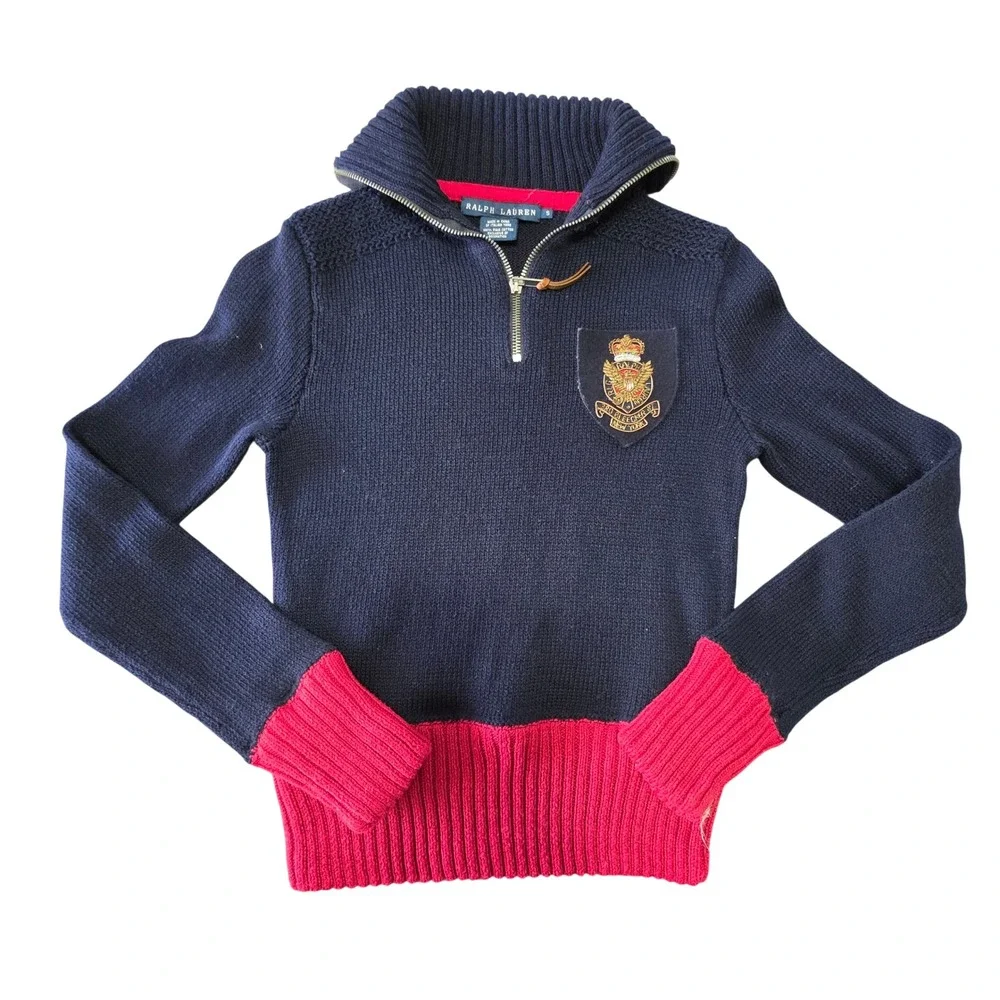 Ralph Lauren Kids Quarter Zip Sweater Crest Patch Pima Cotton Small Navy Red Ivy